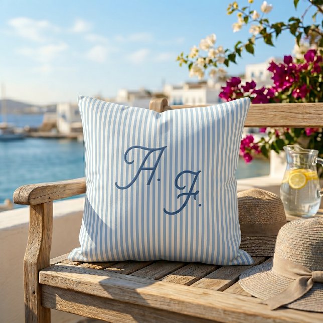 Classic Blue White Stripe Coastal Monogram Throw Cushion (Creator Uploaded)