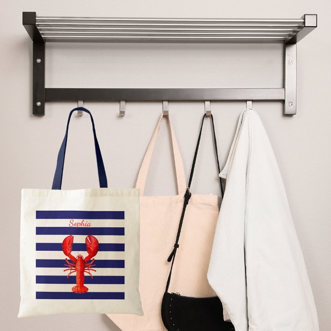 Classic blue white stripes red lobster name tote bag (Creator Uploaded)