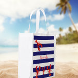 Classic blue white stripes red lobsters name reusable grocery bag<br><div class="desc">Classic nautical summer theme with blue and white stripes and red lobsters. Personalise and add Your name,  red letters.  A market tote for your summer cooking.</div>