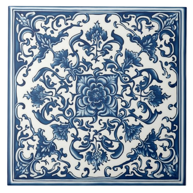 Classic Blue & White Tile, Floral, Chinese Art Tile (Front)