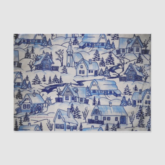 Classic Blue/White Vintage Christmas Village Tissue Paper (Front)