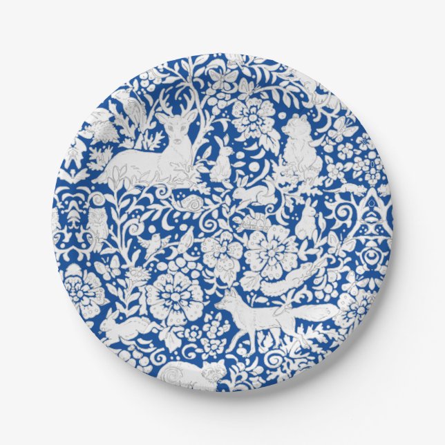 Classic Blue White Woodland Animals Fox Bunny Paper Plate (Front)