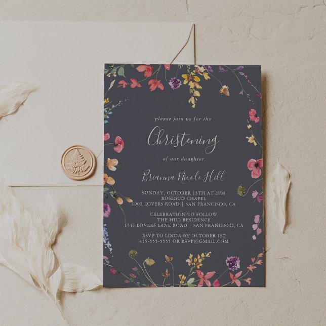 Classic Blue Wild Floral Christening  Invitation (Creator Uploaded)