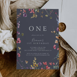 Classic Blue Wild Floral First Birthday Party Invitation