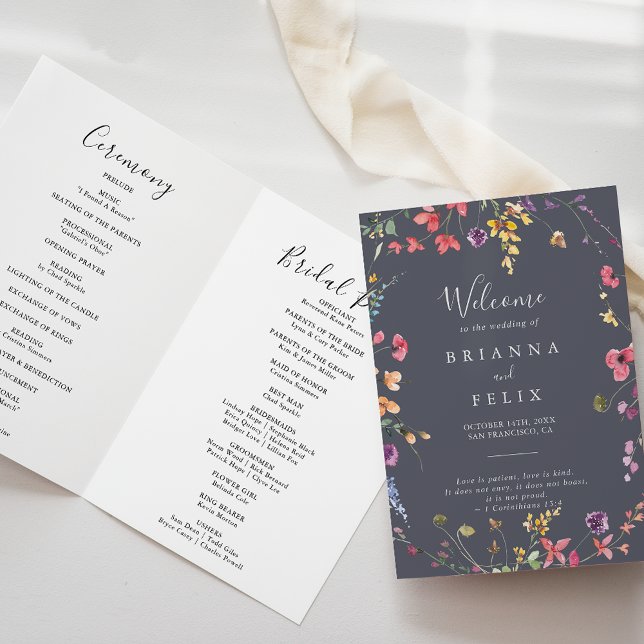 Classic Blue Wild Floral Folded Wedding  Programme (Creator Uploaded)