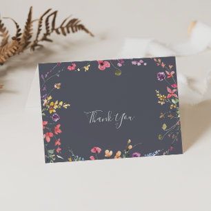 Classic Blue Wild Floral Folded Wedding Thank You Card