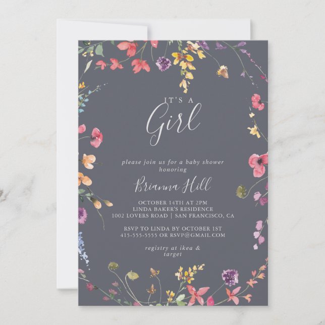 Classic Blue Wild Floral It's A Girl Baby Shower  Invitation (Front)