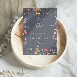 Classic Blue Wild Floral Save the Date  Postcard<br><div class="desc">This classic blue wild floral save the date postcard is perfect for a rustic wedding. The design features a yellow,  purple,  white wild flowers with foliage in a rose and green watercolor background.</div>