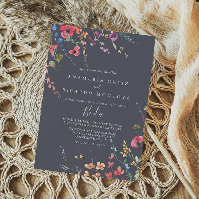 Classic Blue Wild Floral Spanish Wedding  Invitation (Creator Uploaded)