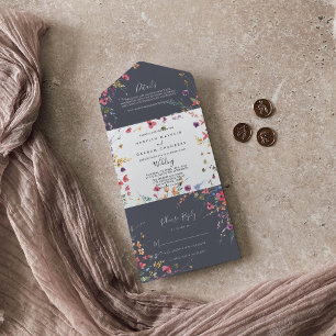 Classic Blue Wild Floral Wedding All In One Invitation