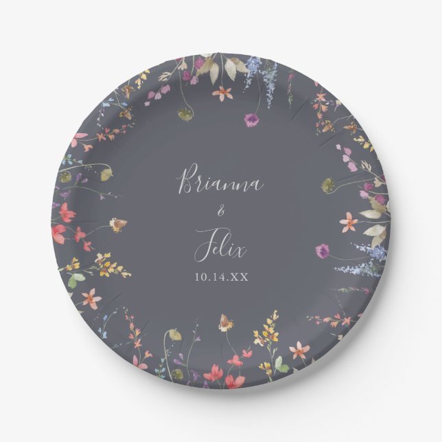 Classic Blue Wild Floral Wedding Cake Paper Plate (Front)