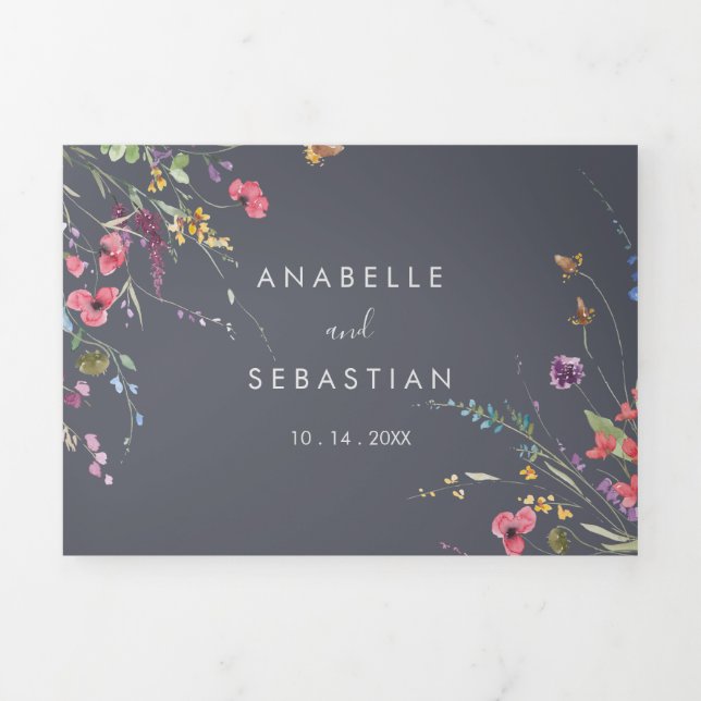 Classic Blue Wild Floral Wedding  Tri-Fold Invitation (Cover)