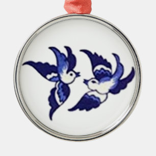 Classic Blue Willow Bird Design Metal Tree Decoration