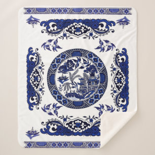 Classic Blue Willow China Design Sherpa Blanket