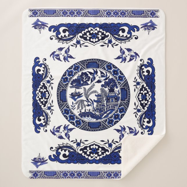 Classic Blue Willow China Design Sherpa Blanket (Front)