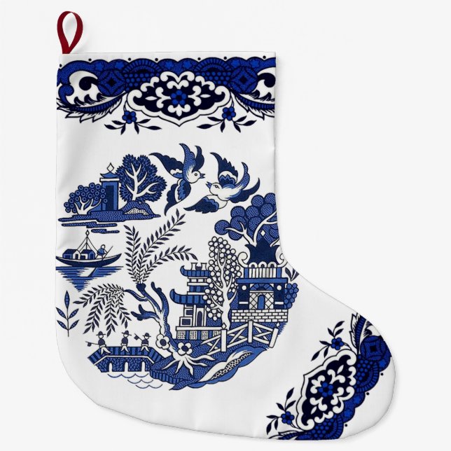 Classic Blue Willow Design Large Christmas Stocking (Front)