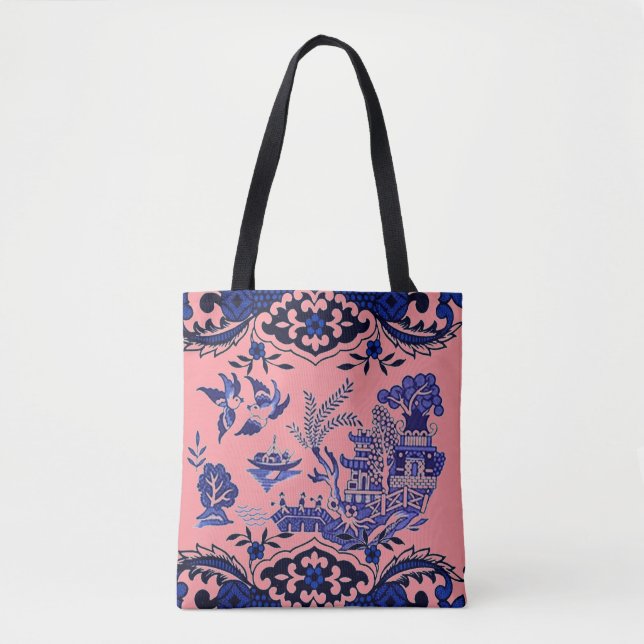 Classic Blue Willow Design on Coral Pink Tote Bag (Front)