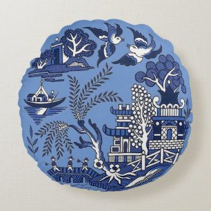 Classic Blue Willow Design Round Cushion