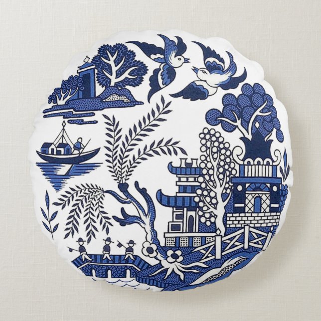 Classic Blue Willow Design Round Cushion (Front)