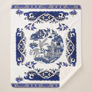 Classic Blue Willow Design Sherpa Blanket
