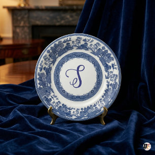 Classic Blue Willow Pattern Custom Script Monogram Paper Plate