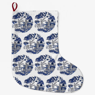Classic Blue Willow Pattern Tiled Design Large Christmas Stocking