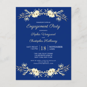 Classic Blue Winter Floral Engagement Party Invita Invitation Postcard