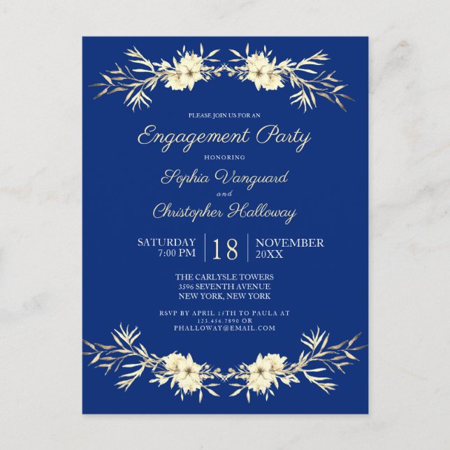 Classic Blue Winter Floral Engagement Party Invita Invitation Postcard (Front)