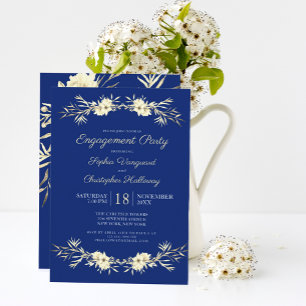 Classic Blue Winter Floral Engagement Party Invitation