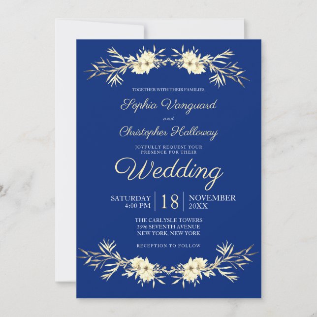 Classic Blue Winter Floral Winter Wheat Wedding Invitation (Front)