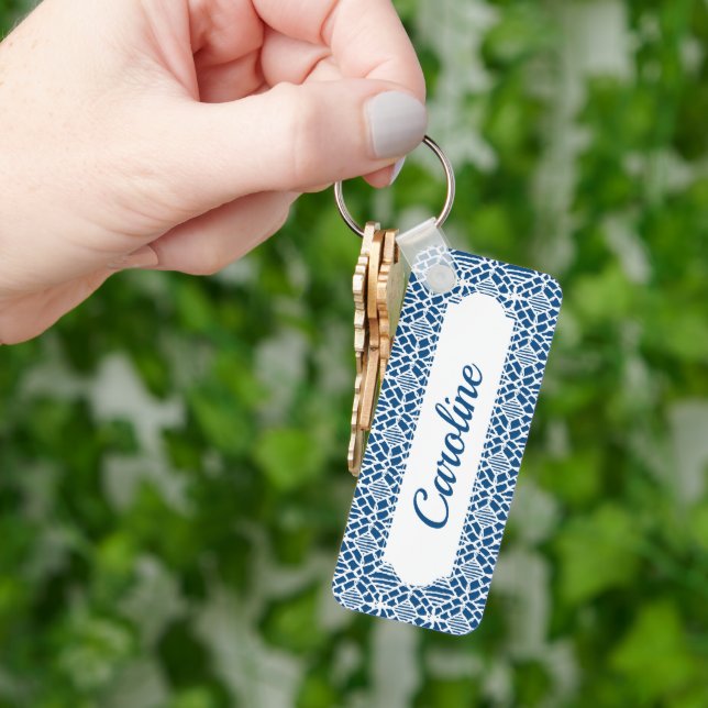 Classic Blue With White Crochet Lace Pattern Keych Key Ring (Hand)