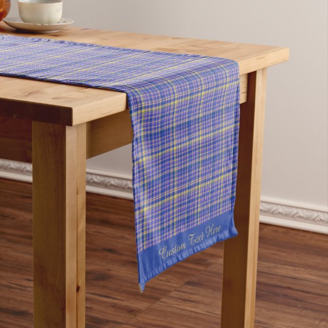 Classic Blue Yellow Gingham Plaid Tartan Pattern Short Table Runner (In Situ)