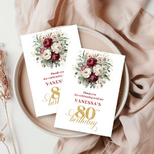 Classic Blush Burgundy 80th Birthday Thank You Card