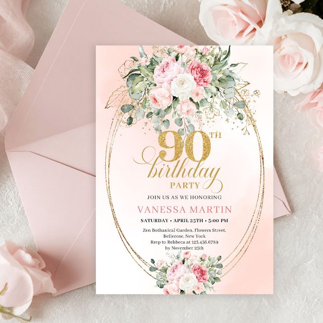 Classic Blush Floral Greenery Gold 90th Birthday  Invitation (Timeless Blush Rose Boho 90th Birthday Party Invitation)