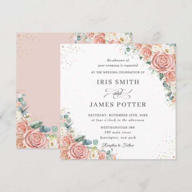 Classic Blush Peach Ivory Floral Wedding Square  Invitation (Front/Back)
