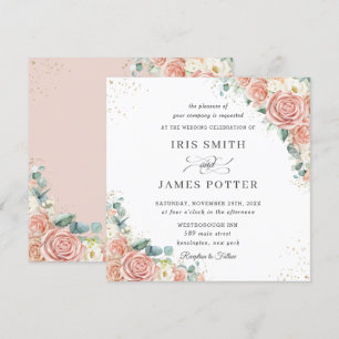 Classic Blush Peach Ivory Floral Wedding Square Invitation