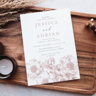 Classic Blush Peony Line Art Wedding Invitation