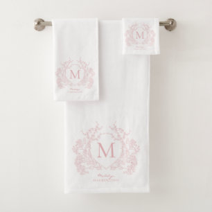 Classic Blush Pink Floral Crest Monogram Bath Towel Set