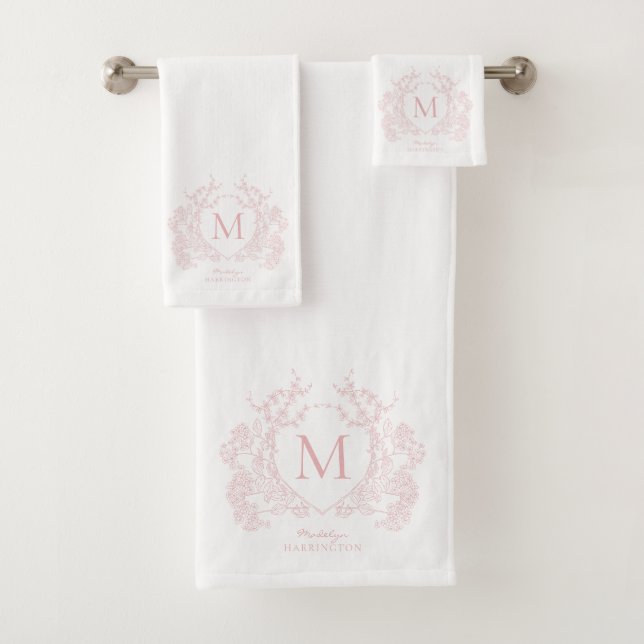 Classic Blush Pink Floral Crest Monogram Bath Towel Set (Insitu)