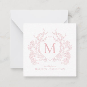 Classic Blush Pink Floral Crest Monogram Card