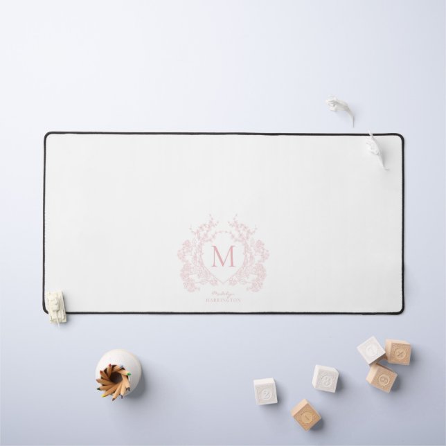 Classic Blush Pink Floral Crest Monogram Desk Mat (Kids Table)