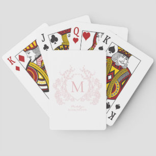 Classic Blush Pink Floral Crest Monogram Playing Cards