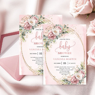 Classic Blush Pink Floral Eucalyptus Baby Shower Invitation