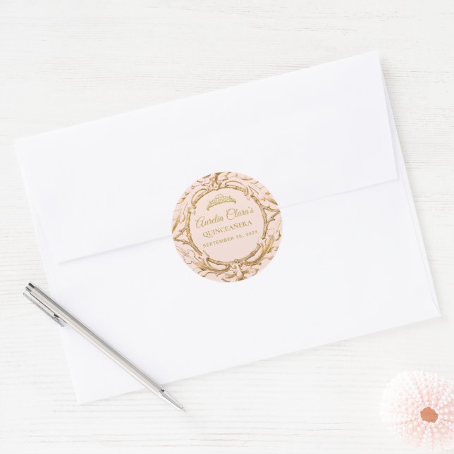Classic Blush Pink Gold Frame Quinceanera Classic Round Sticker (Envelope)