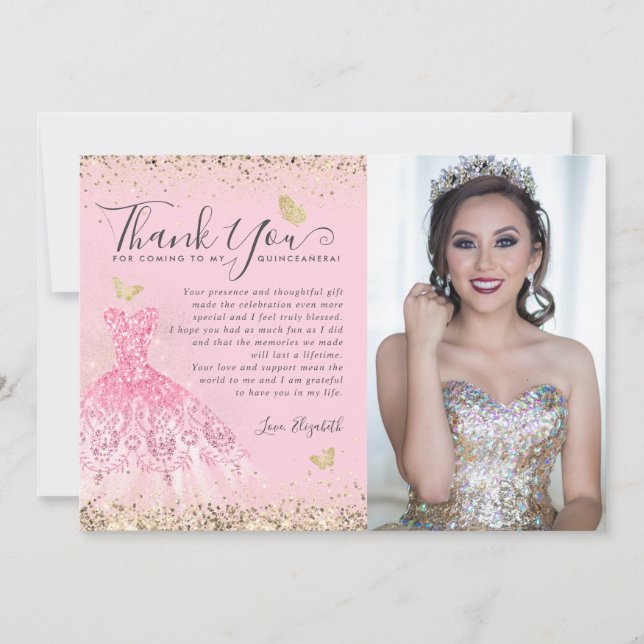Classic Blush Pink Gold Glitter Quinceanera Photo Thank You Card (Front)
