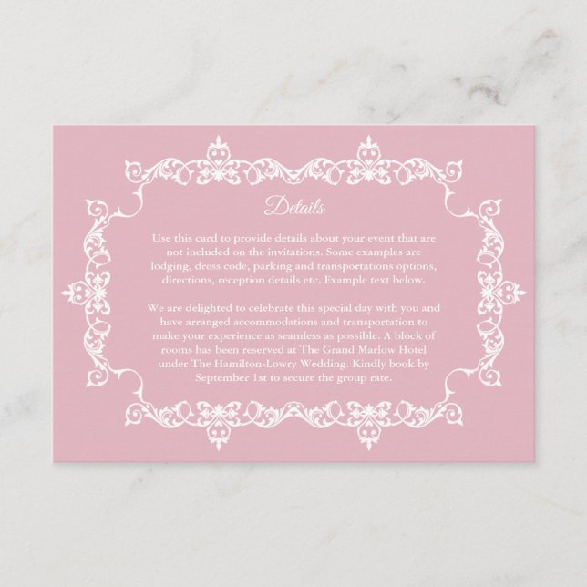 Classic Blush Pink Ornately Framed Wedding Enclosure Card (Front)