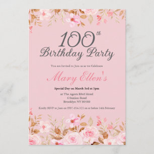 Classic Blush Pink Rose Watercolor 100th Birthday Invitation