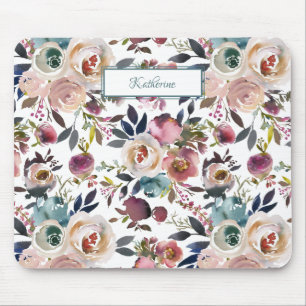 Classic Blush Pink Sage Green Dusty Blue Flowers Mouse Mat