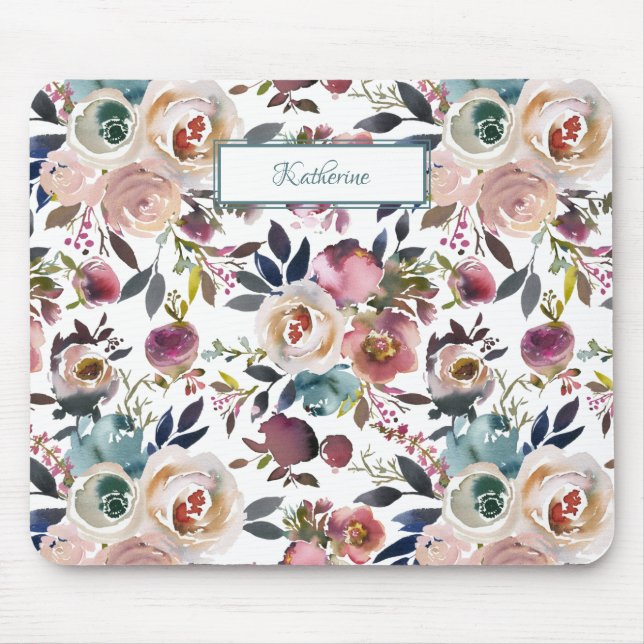 Classic Blush Pink Sage Green Dusty Blue Flowers Mouse Mat (Front)
