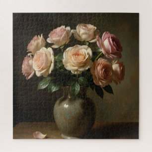 Classic Blush Rose Bouquet Still Life Jigsaw Puzzle
